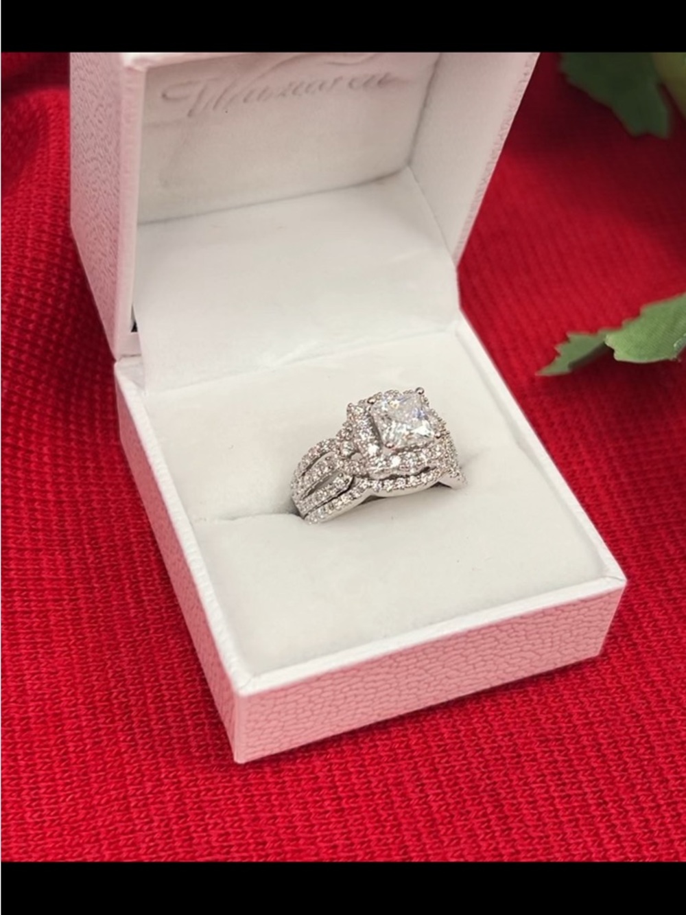 Princess cut Moissanite 2 PC Halo Wedding Ring Set in Silver